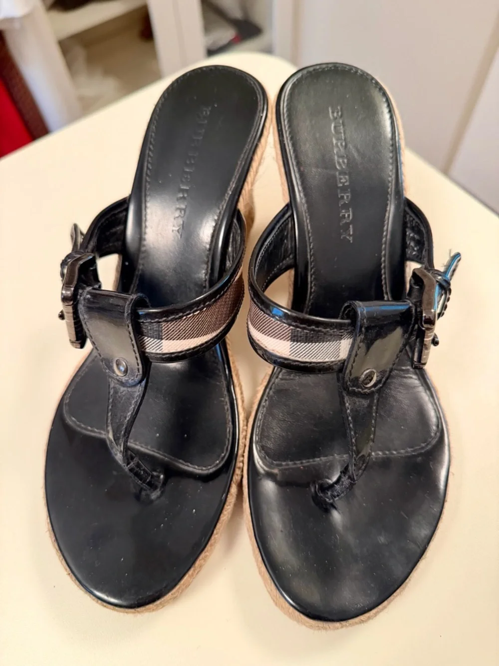 Burberry Wedge Sandals |Black Patent Leather Nova Check Strap Espadrille Size 8 - Picture 6 of 10